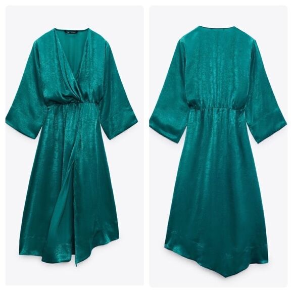 Zara Flowy Satin Effect Midi Dress Green New - Picture 7 of 7